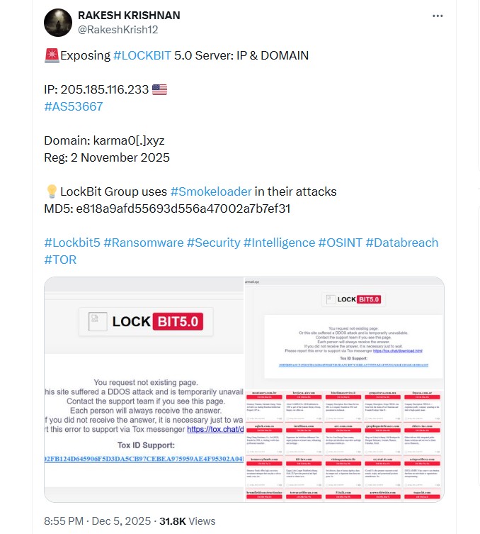 LockBit 5.0 leak site indicates the site suffered a DDOS attack and provides a Tox ID address for support.